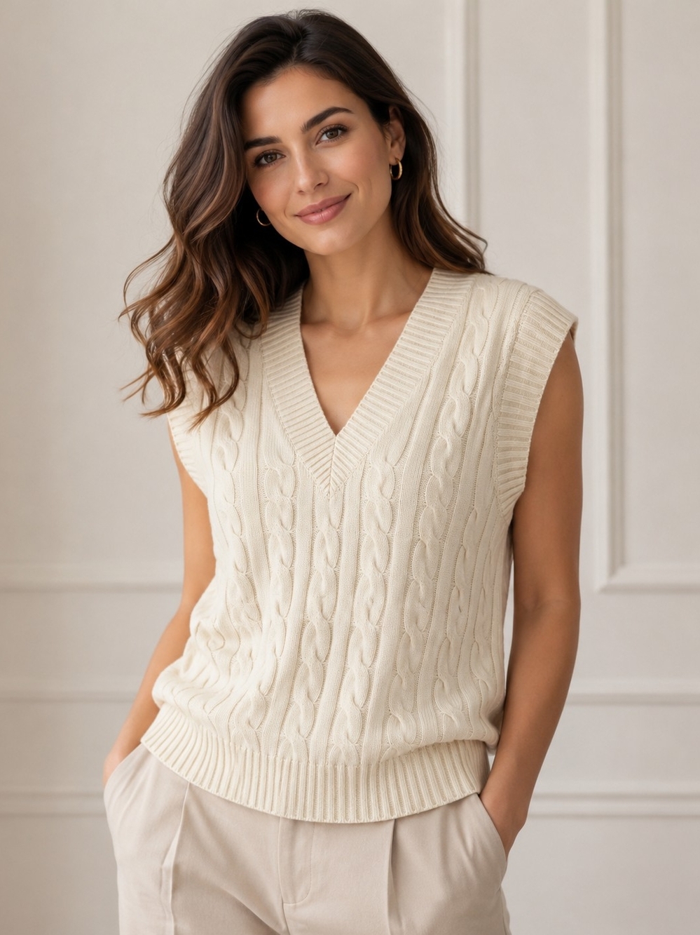 Aritzia Babaton Ivory Cable Knit V-Neck Sweater Vest Sz M Relaxed Silhouette